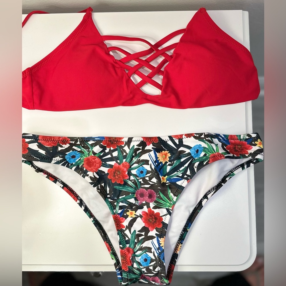 Red and floral bikini